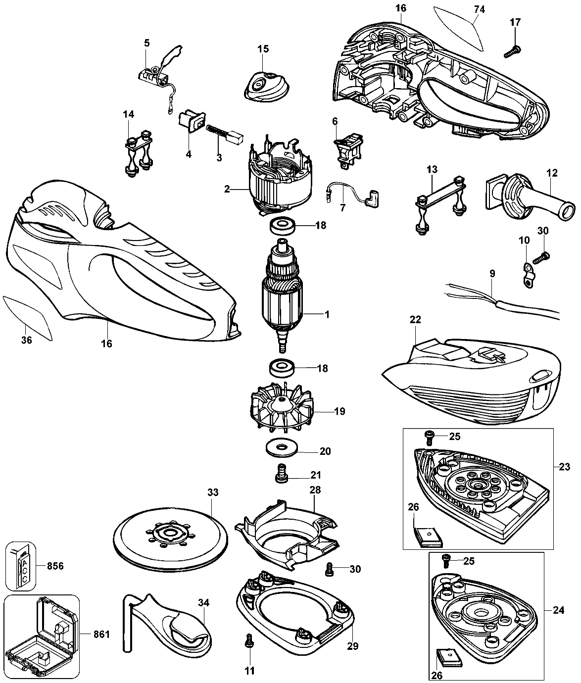 Default Diagram and Parts List for MS700K Type 1 Black and Decker Sander Polisher
